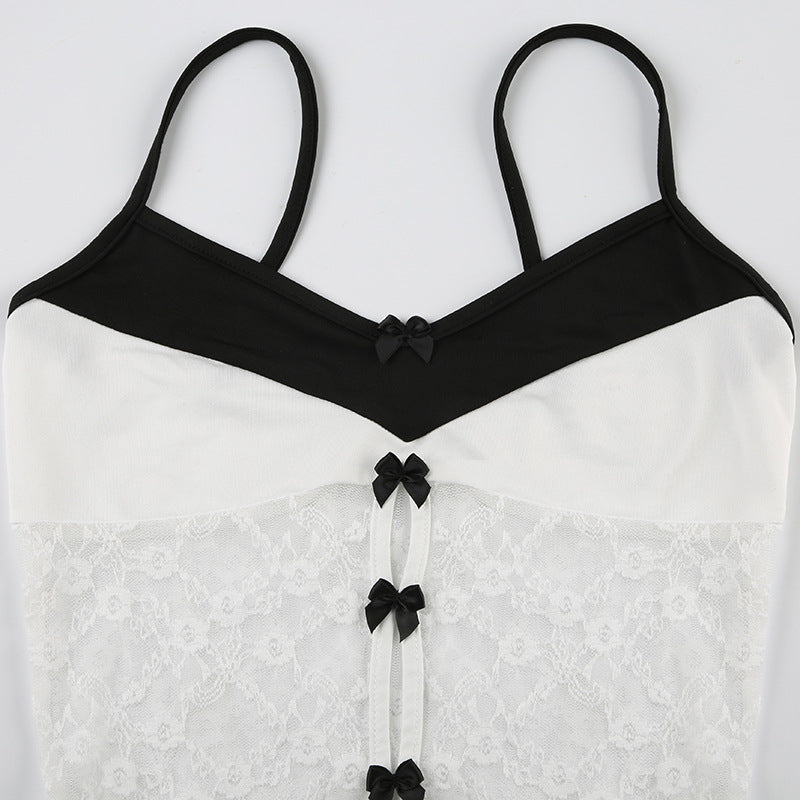 Sexy lace color block bow cutout jumpsuit