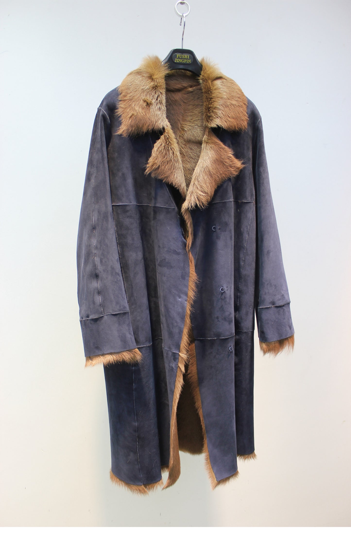 Lmported goat fur all-in-one mid-length windbreaker style slim-fit genuine leather coat
