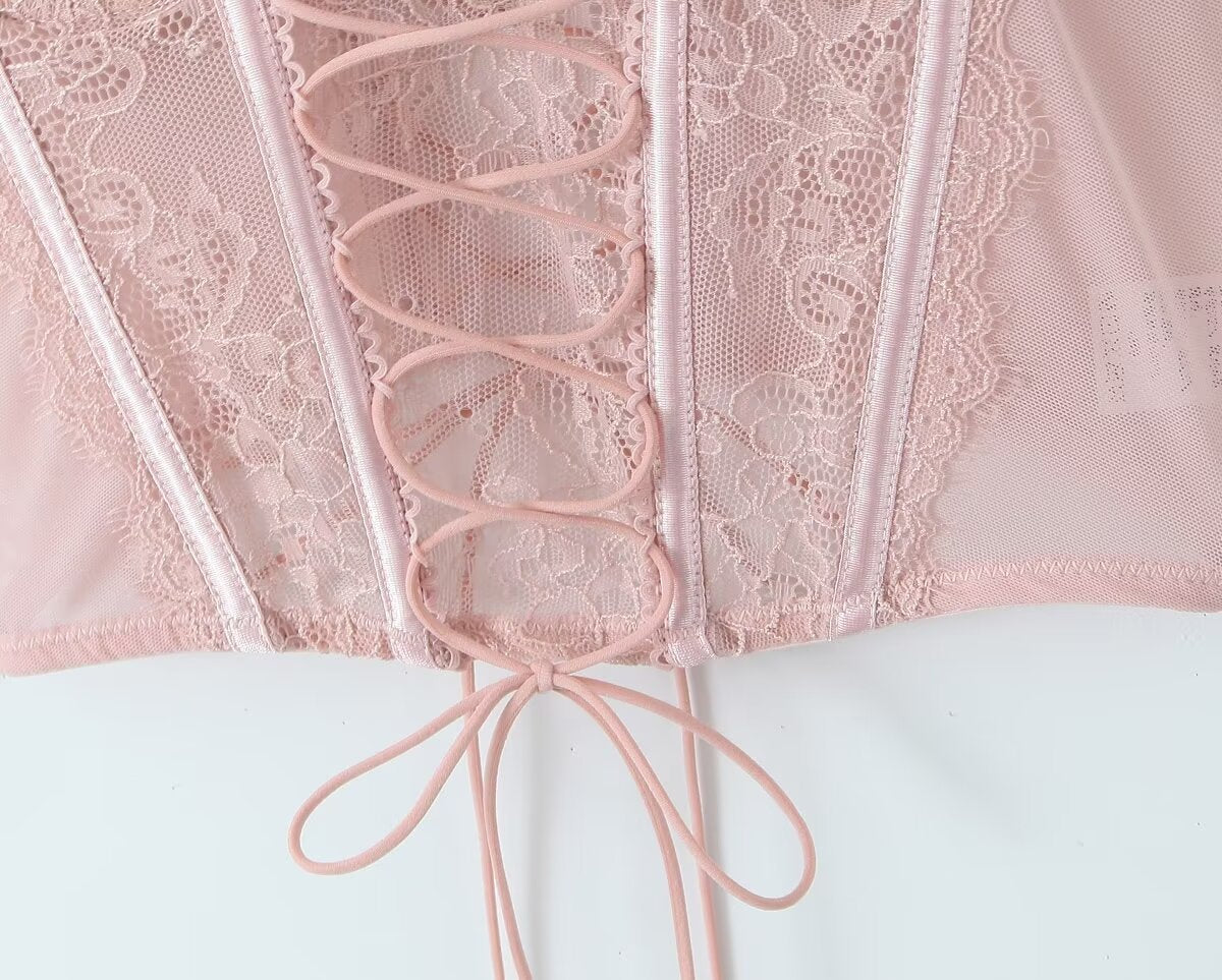 Pink bow lace herringbone suspender belt