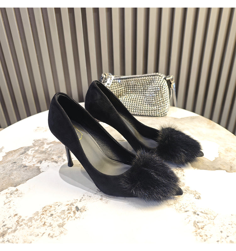 Genuine leather thin-heeled pumps
