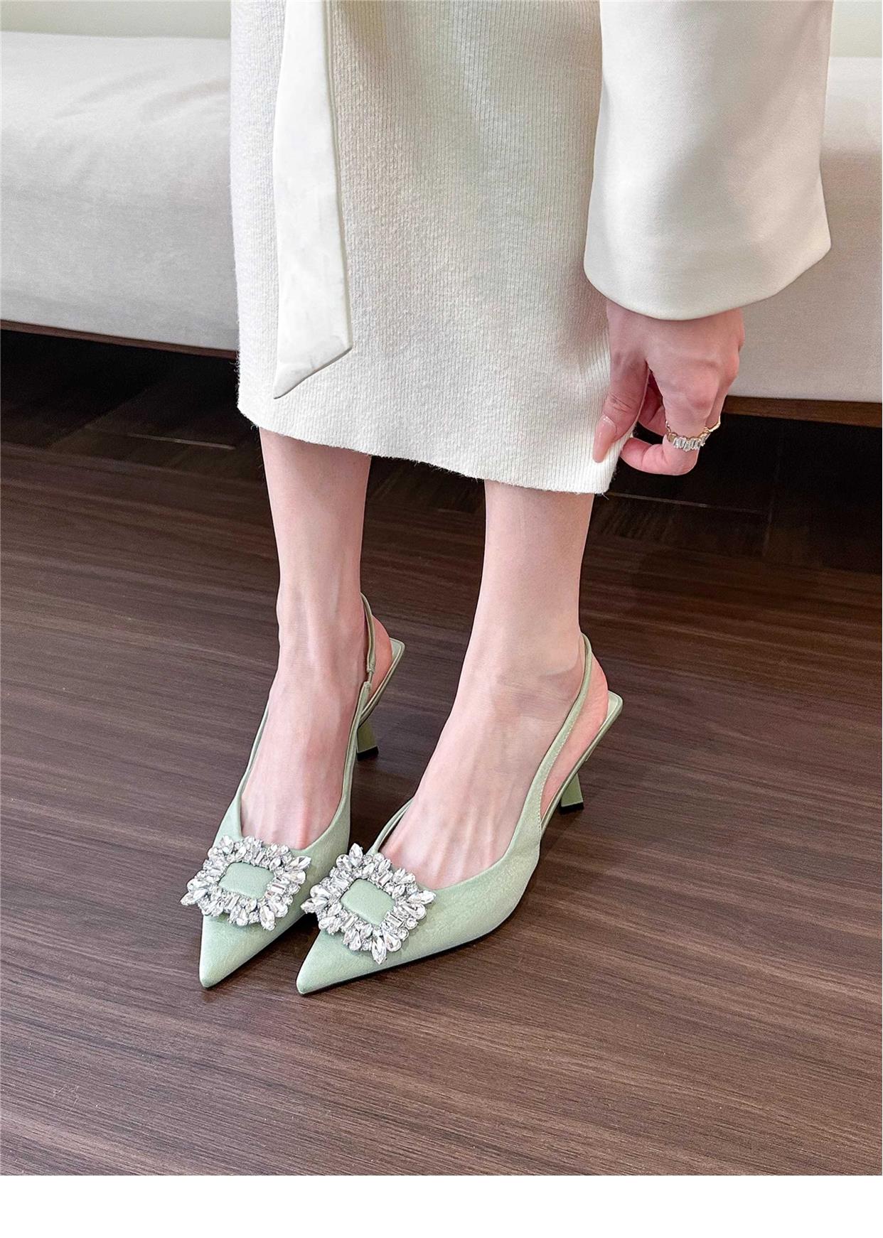 Pointed square buckle rhinestone high heel satin toe shoes