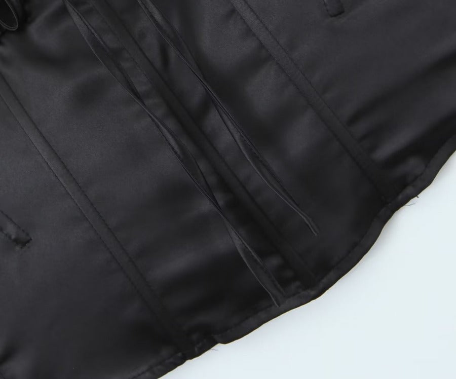 European and American black satin pleated fishbone slim-fitting high-end top