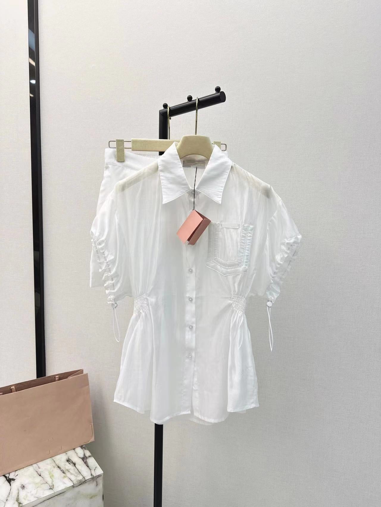 Girly style letter embroidered lapel short-sleeved sun protection shirt and shorts suit