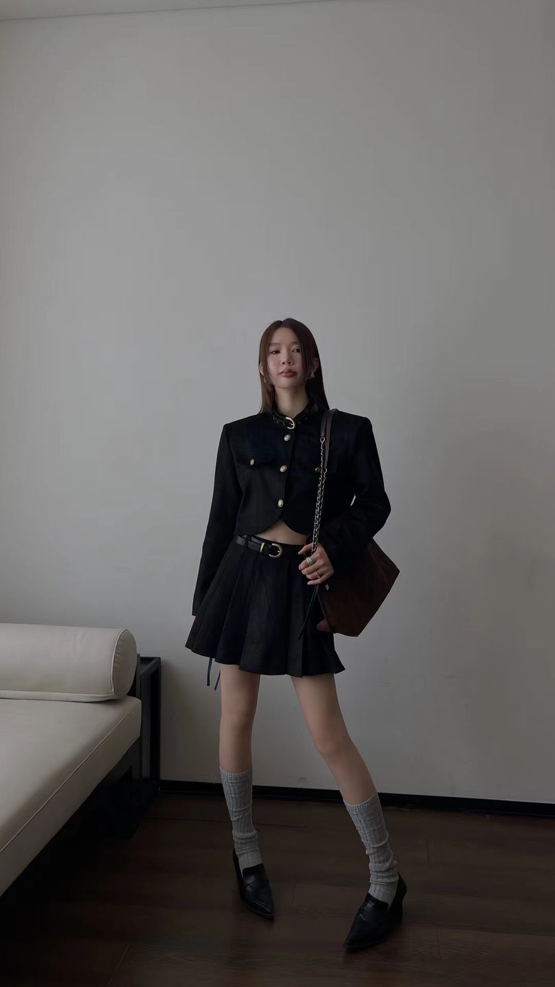 C.Stand collar jacket and pleated skirt two piece set