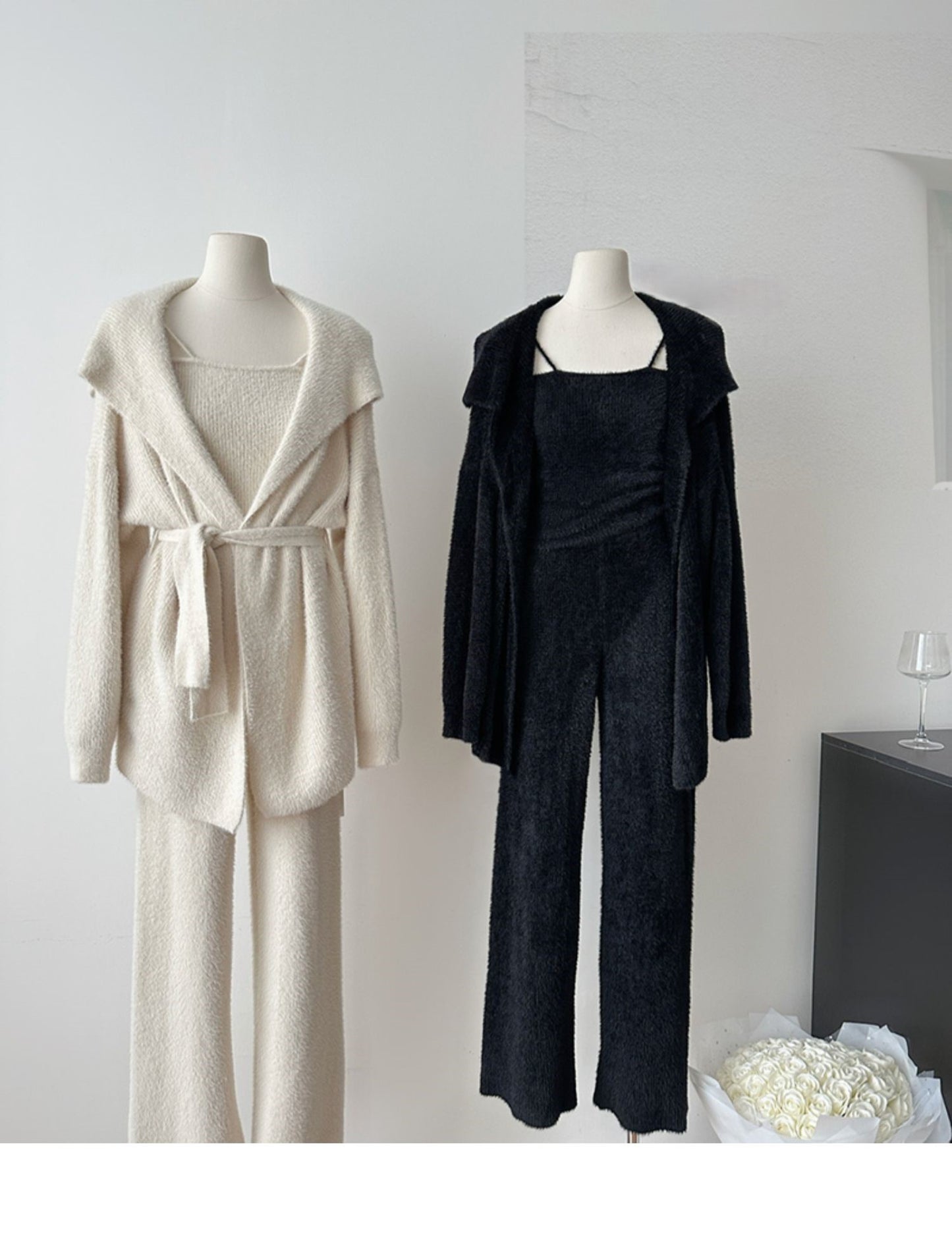 Faux Mink Jacket Vest Wide-Leg Pants Knitted Three-Piece Set