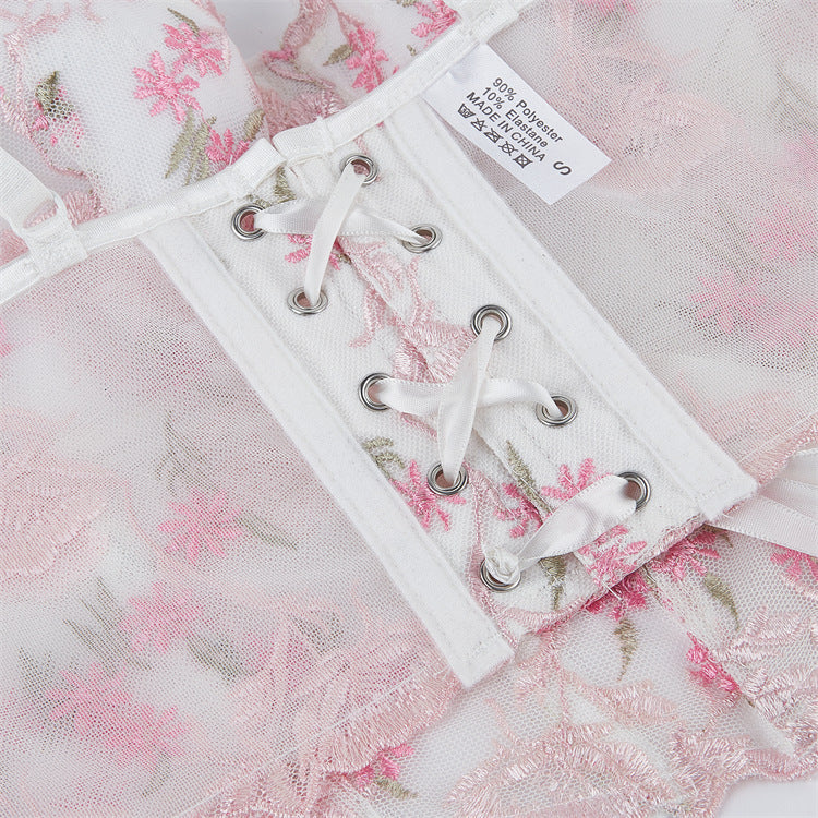 Embroidered flower mesh fishbone camisole