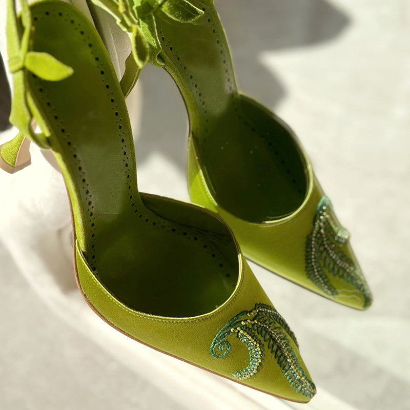 Rhinestone embroidered pointed toe strappy high heels