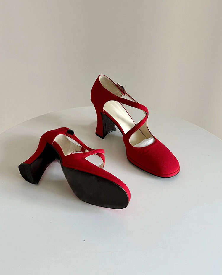 Red round toe cross-strap Roman high heels