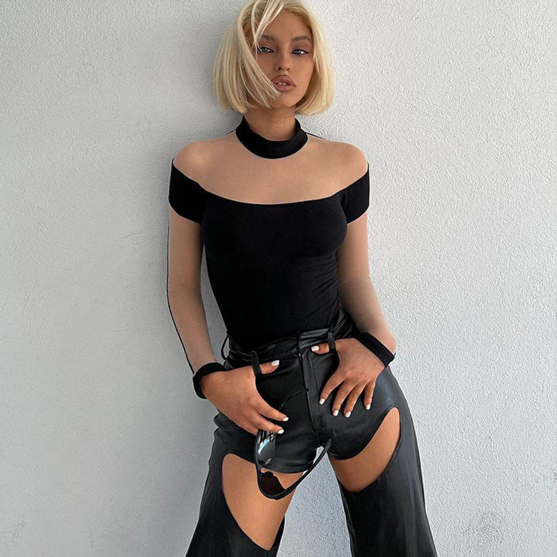 Sexy tight mesh see-through patchwork jumpsuit