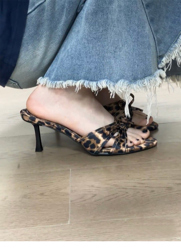 Leopard print versatile stiletto open toe bow high heel sandals