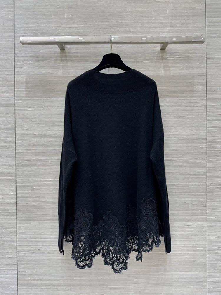 Crew neck lace appliqué cashmere sweater