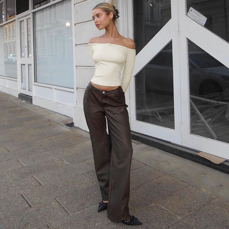 One-shoulder off-shoulder lace bow slim fit bottoming shirt