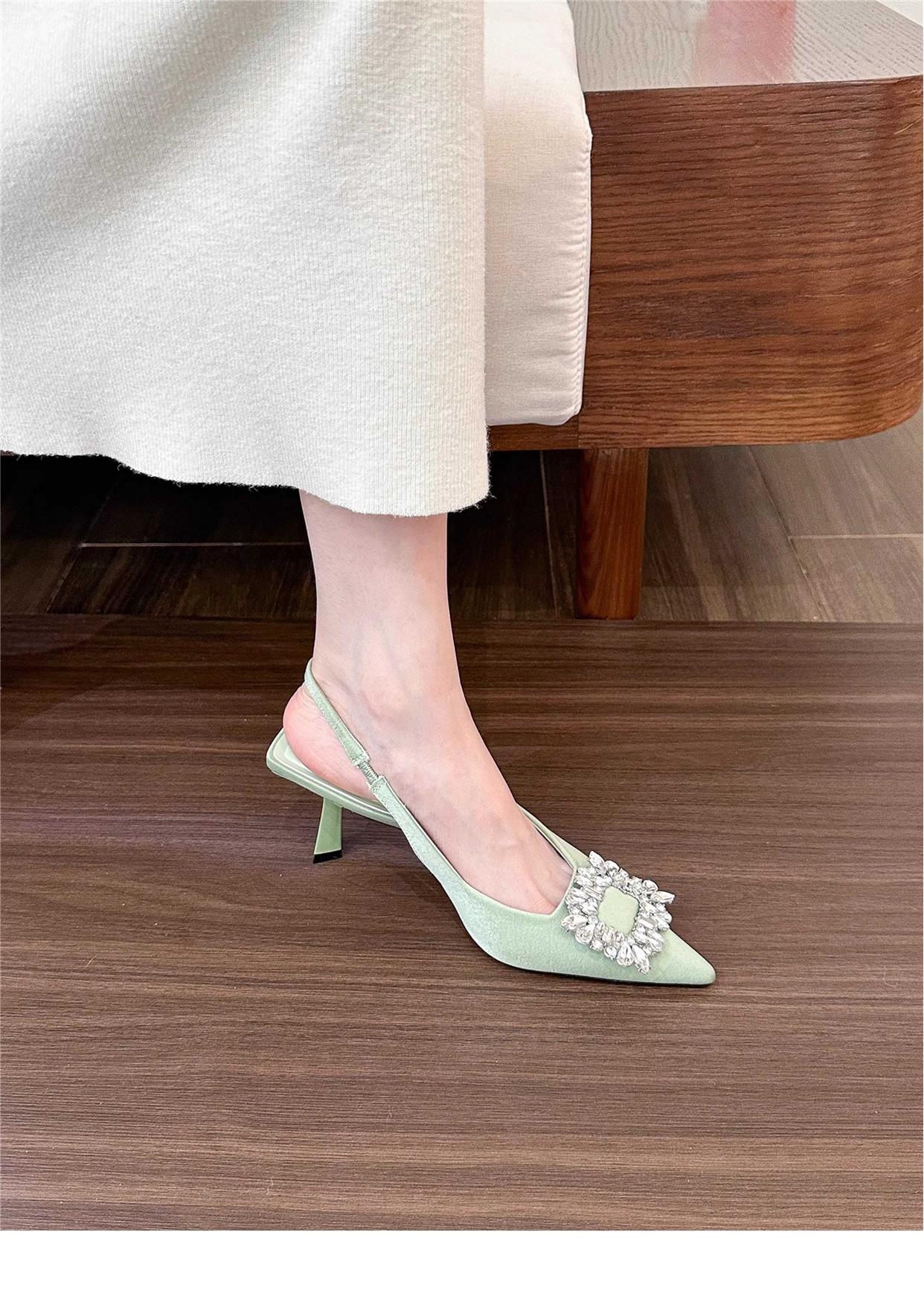 Pointed square buckle rhinestone high heel satin toe shoes