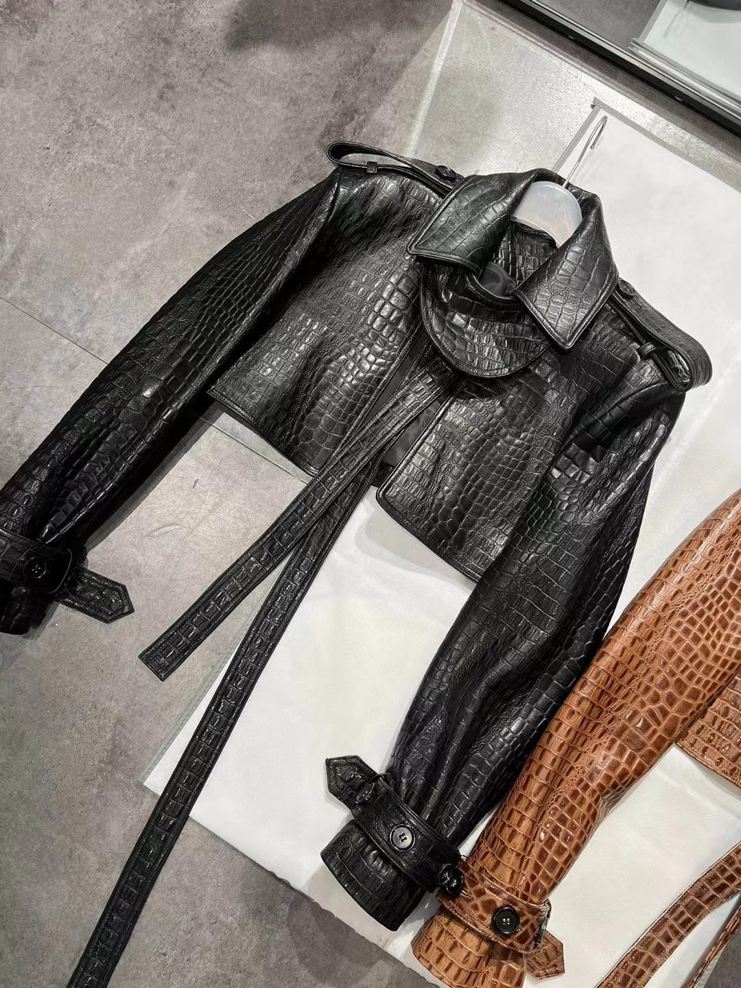 Crocodile print sheepskin leather biker jacket