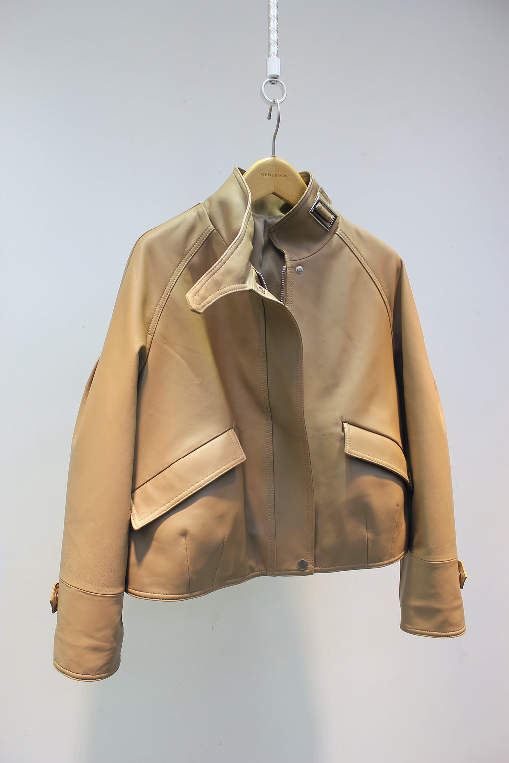 Sheepskin leather jacket with stand collar