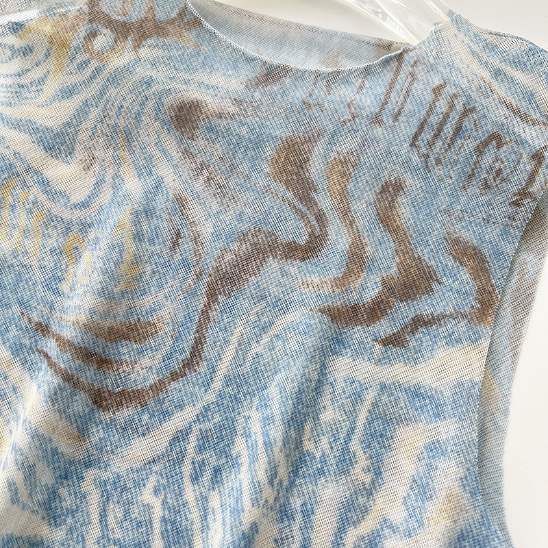 Hot Girl Pure Desire Blue Marble Stripe Print Top