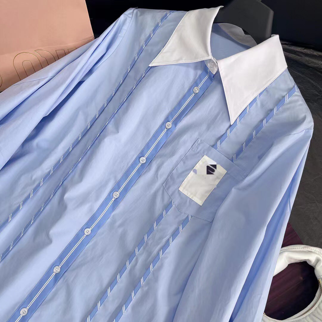 Lazy style contrast striped embroidered lapel sun protection shirt casual shorts suit