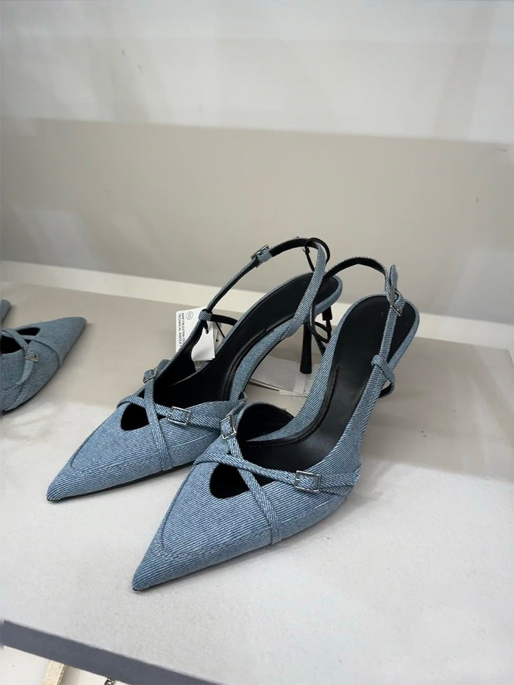 Blue temperament French pointed toe high-heeled mules