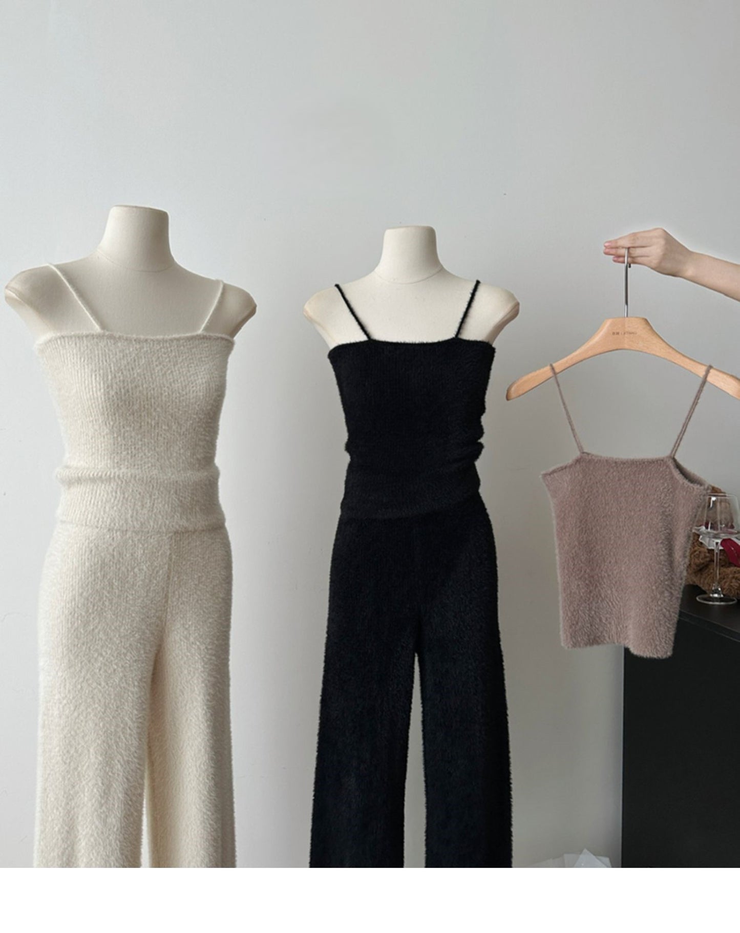 Faux Mink Jacket Vest Wide-Leg Pants Knitted Three-Piece Set