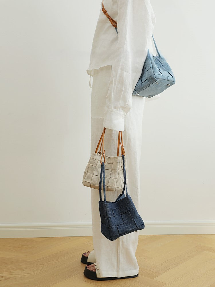 Denim and leather bucket bag