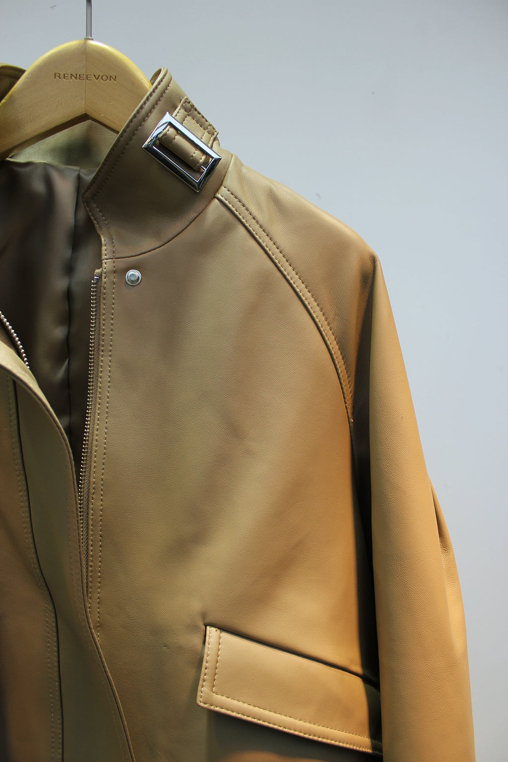 Sheepskin leather jacket with stand collar