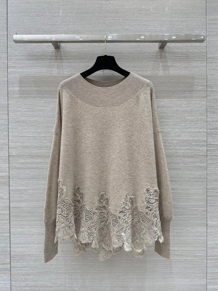 Crew neck lace appliqué cashmere sweater