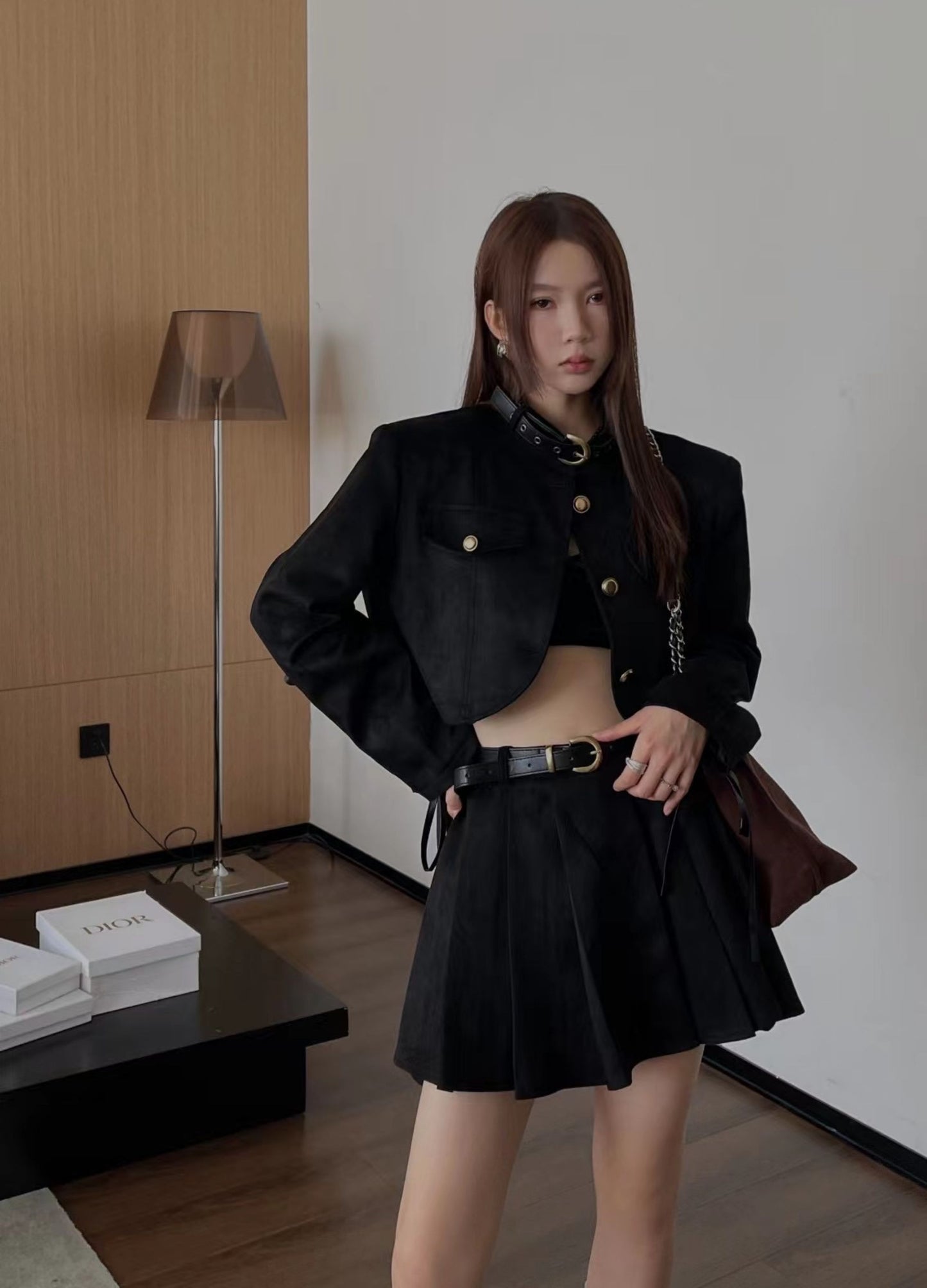 C.Stand collar jacket and pleated skirt two piece set