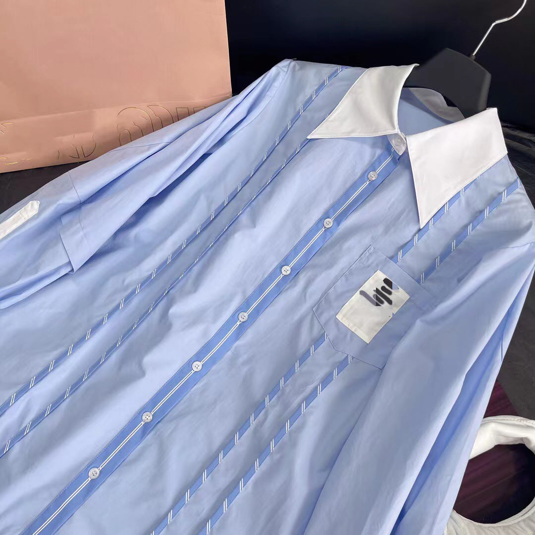 Lazy style contrast striped embroidered lapel sun protection shirt casual shorts suit