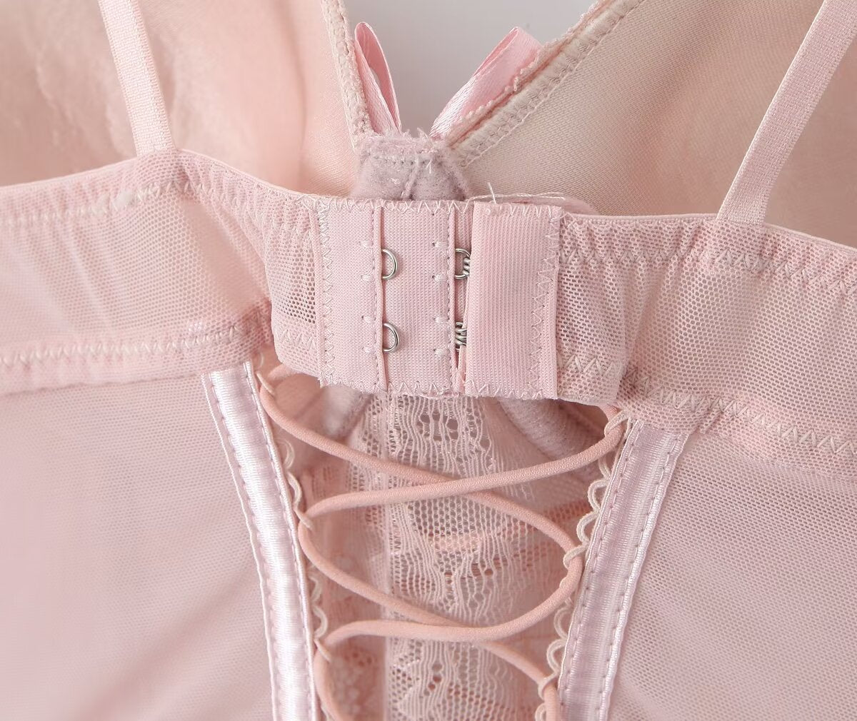 Pink bow lace herringbone suspender belt