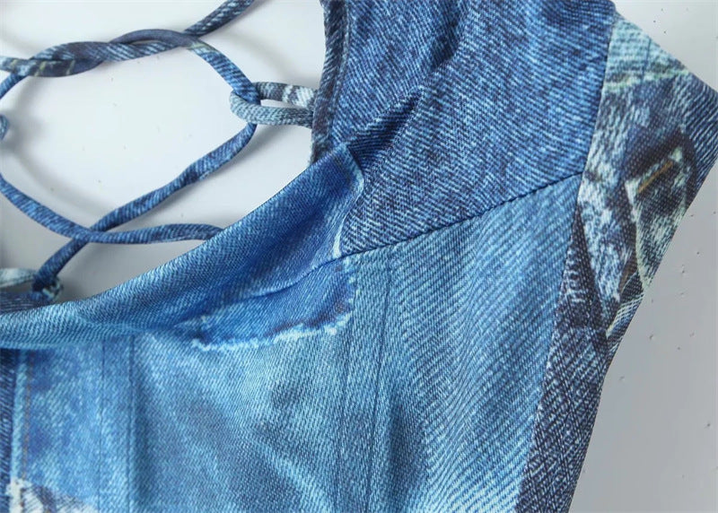 American retro tie-dye denim print fishbone suspender belt