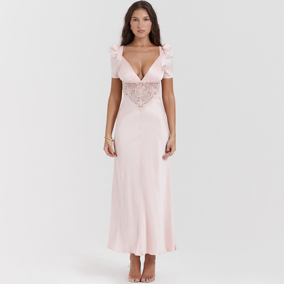 Puff-sleeved lace paneled waistless pink dress