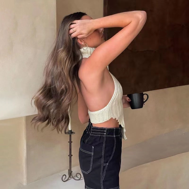 European and American style irregular hot girl knitted halter top