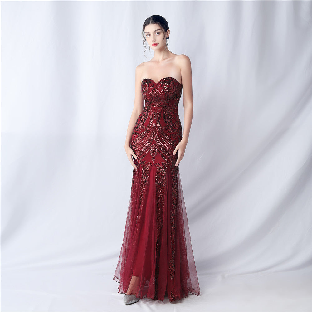High-end sparkling evening long tube top evening dress