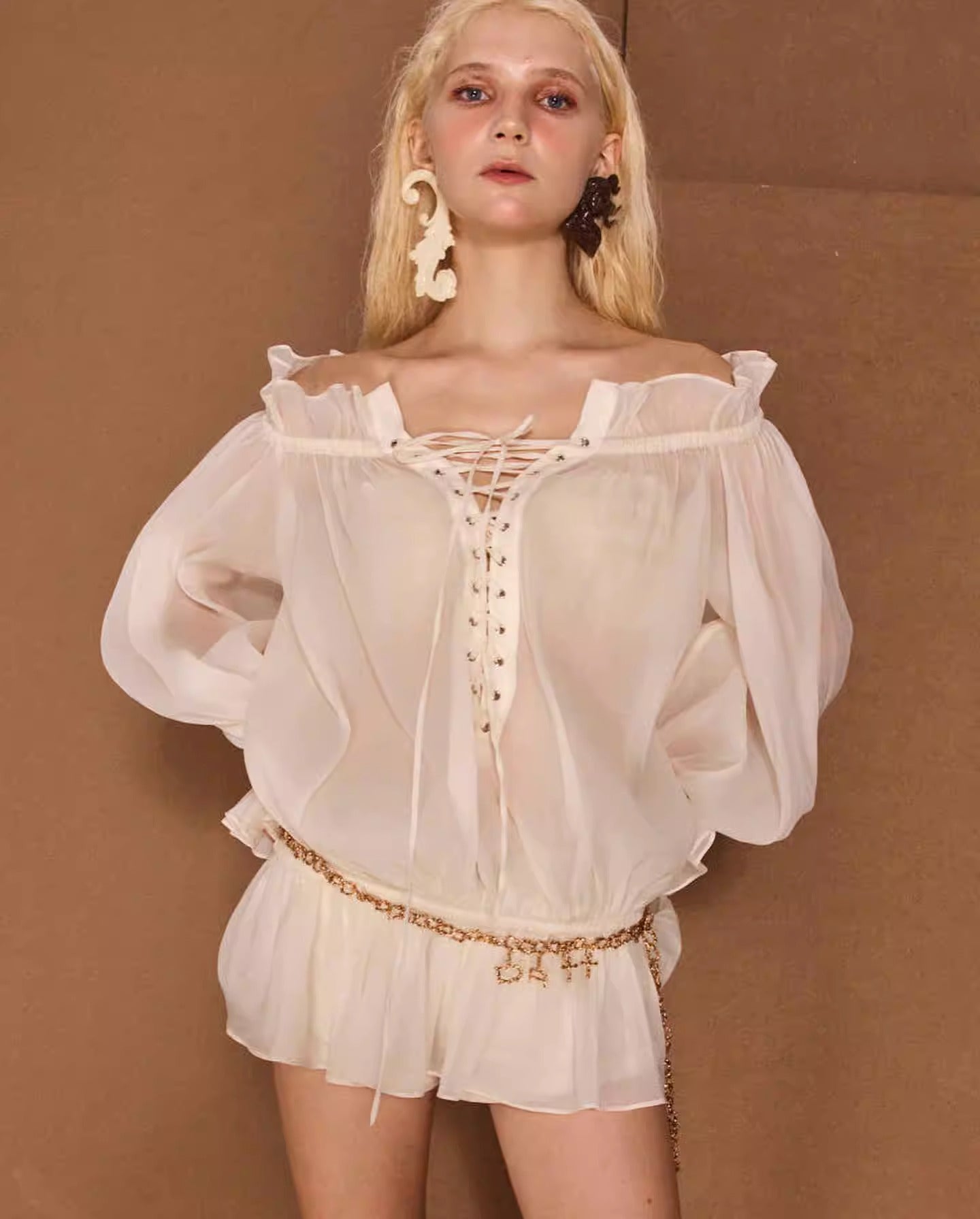 One-shoulder lantern sleeve lace-up top