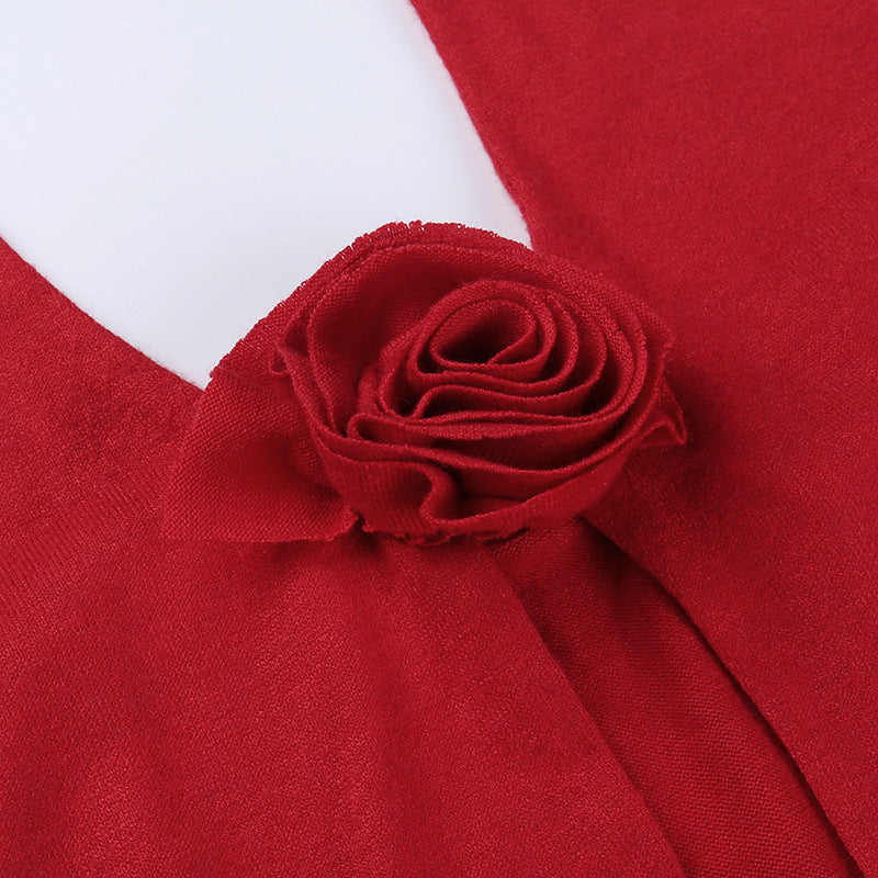 Red three-dimensional flower halter neck tank top