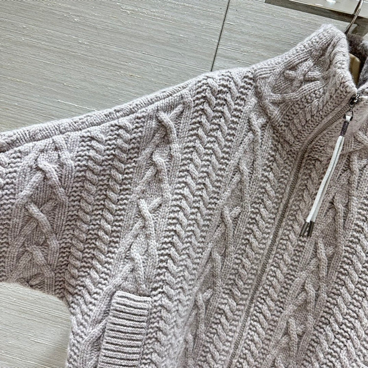 Lapel Double Pocket Crochet Cashmere Jacket