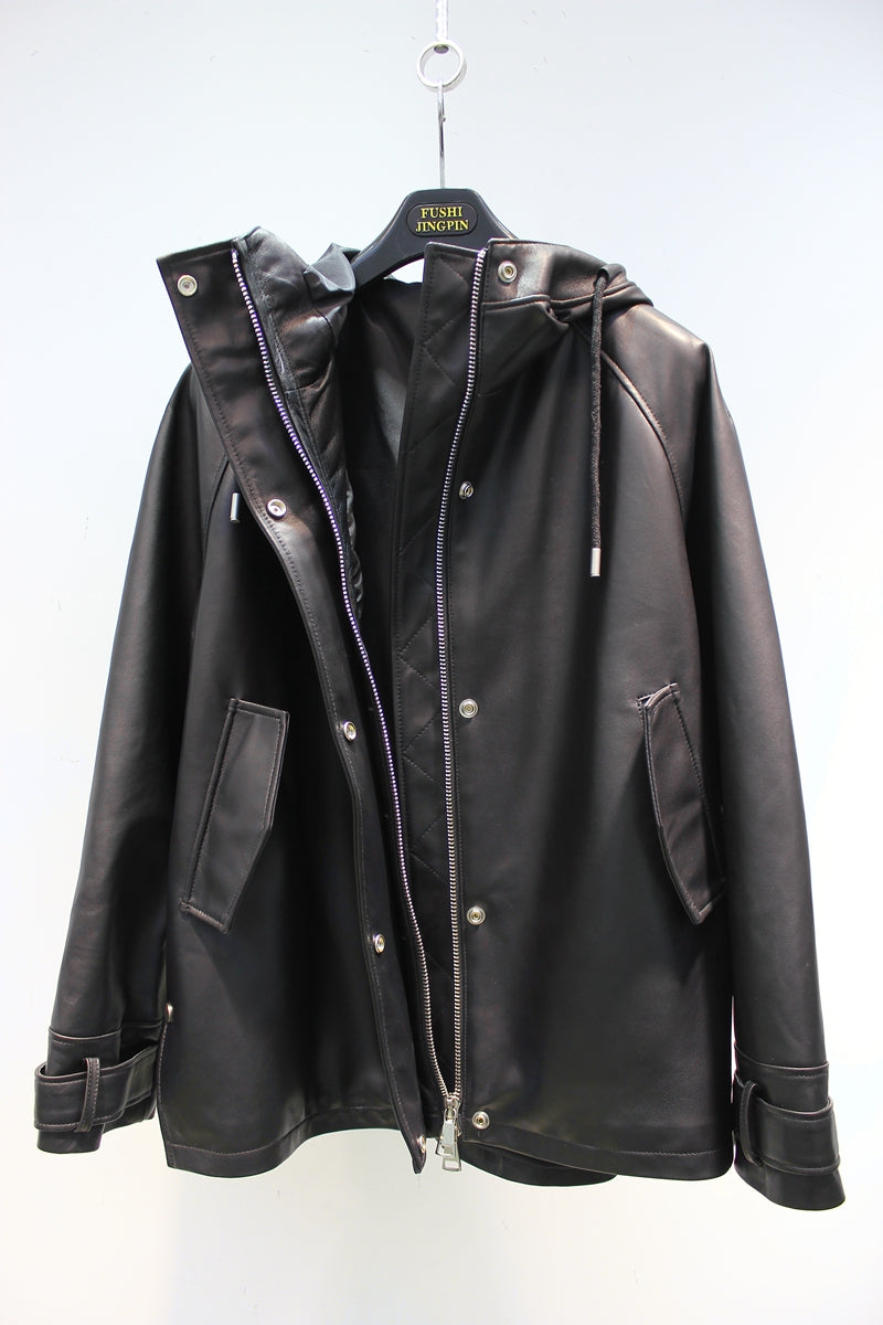 Loose and stylish hooded sheepskin leather jacket