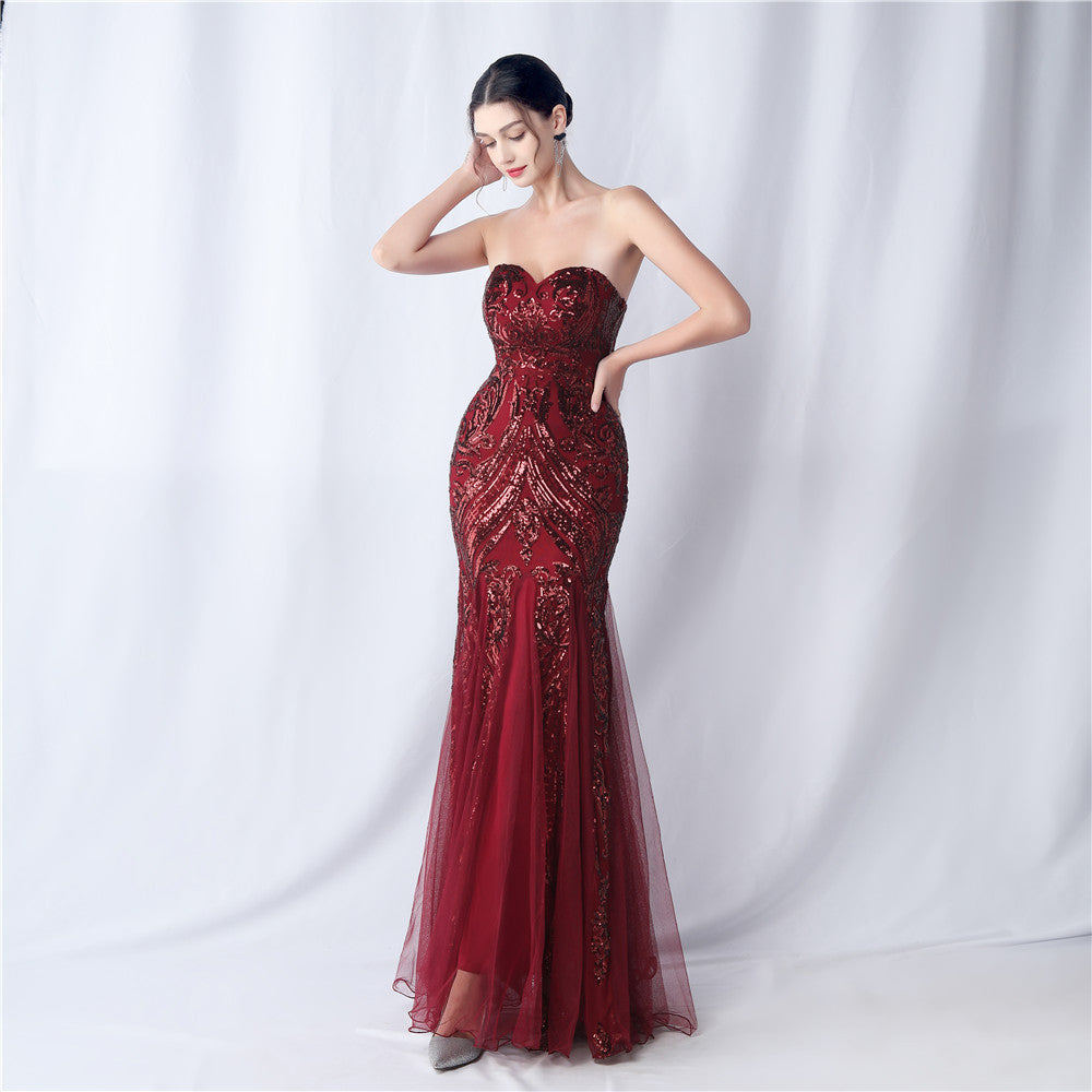 High-end sparkling evening long tube top evening dress