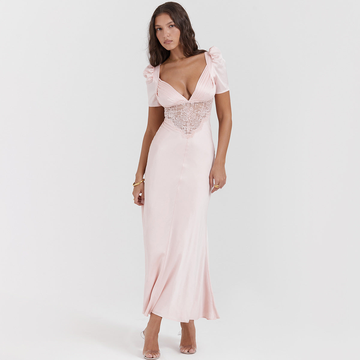 Puff-sleeved lace paneled waistless pink dress