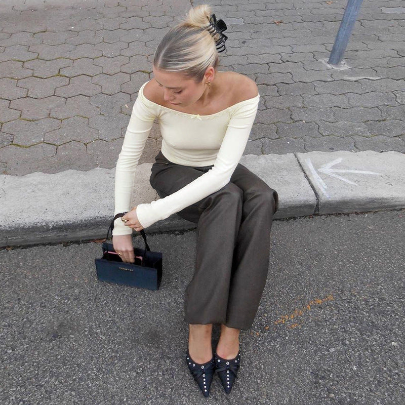 One-shoulder off-shoulder lace bow slim fit bottoming shirt