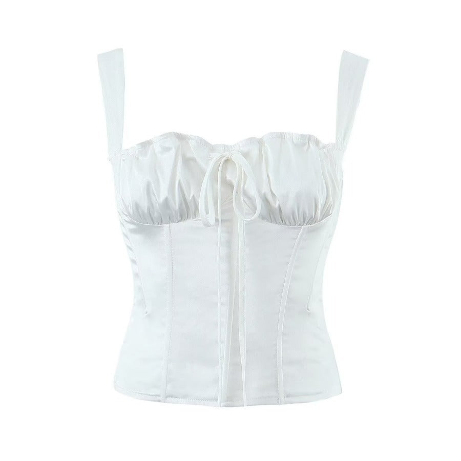 European and American black satin pleated fishbone slim-fitting high-end top