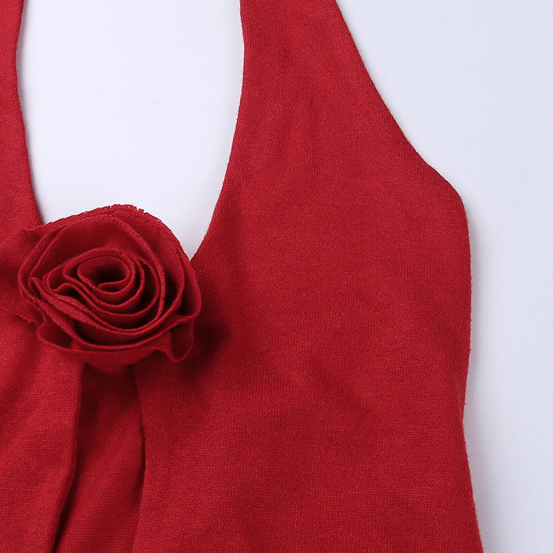 Red three-dimensional flower halter neck tank top