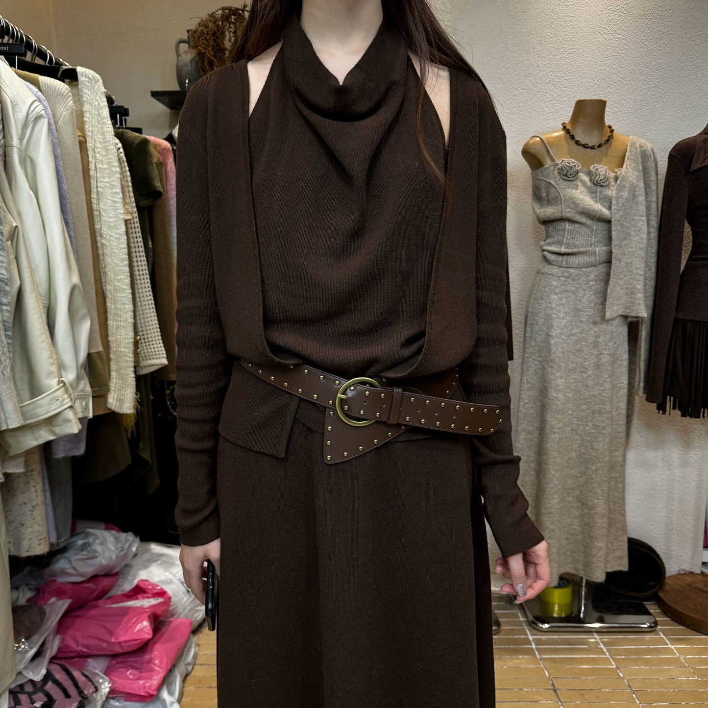 C.Halter vest knitted long-sleeved top + long skirt two-piece set