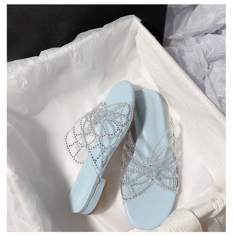 Super Fairy Rhinestone Transparent Butterfly PVC Low Heel Slippers for Women