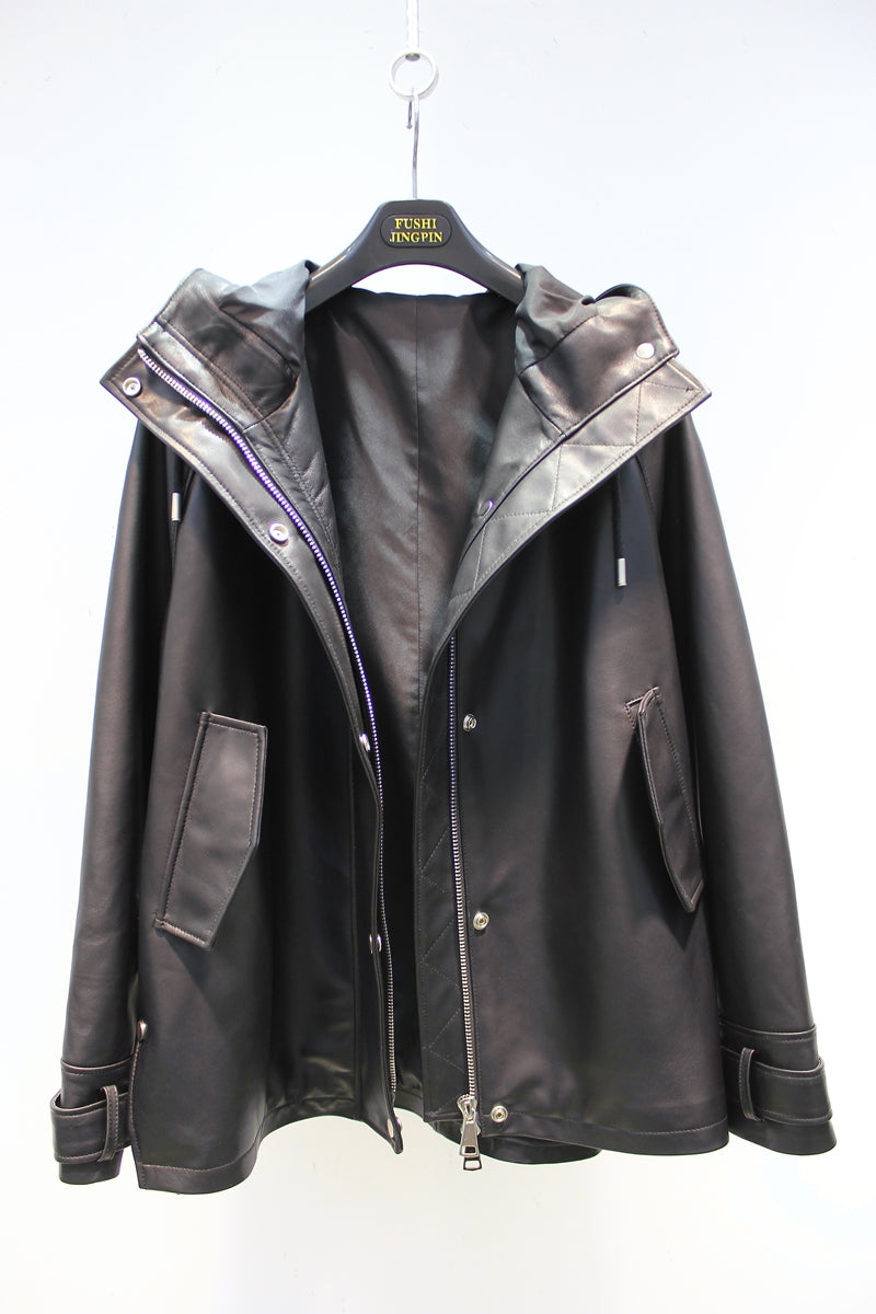 Loose and stylish hooded sheepskin leather jacket