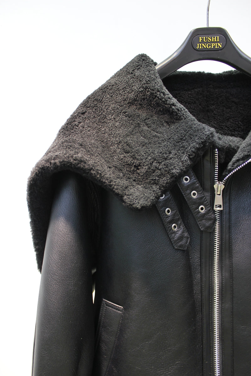 Lmported sheepskin one-piece Korean style hooded flight suit jacket