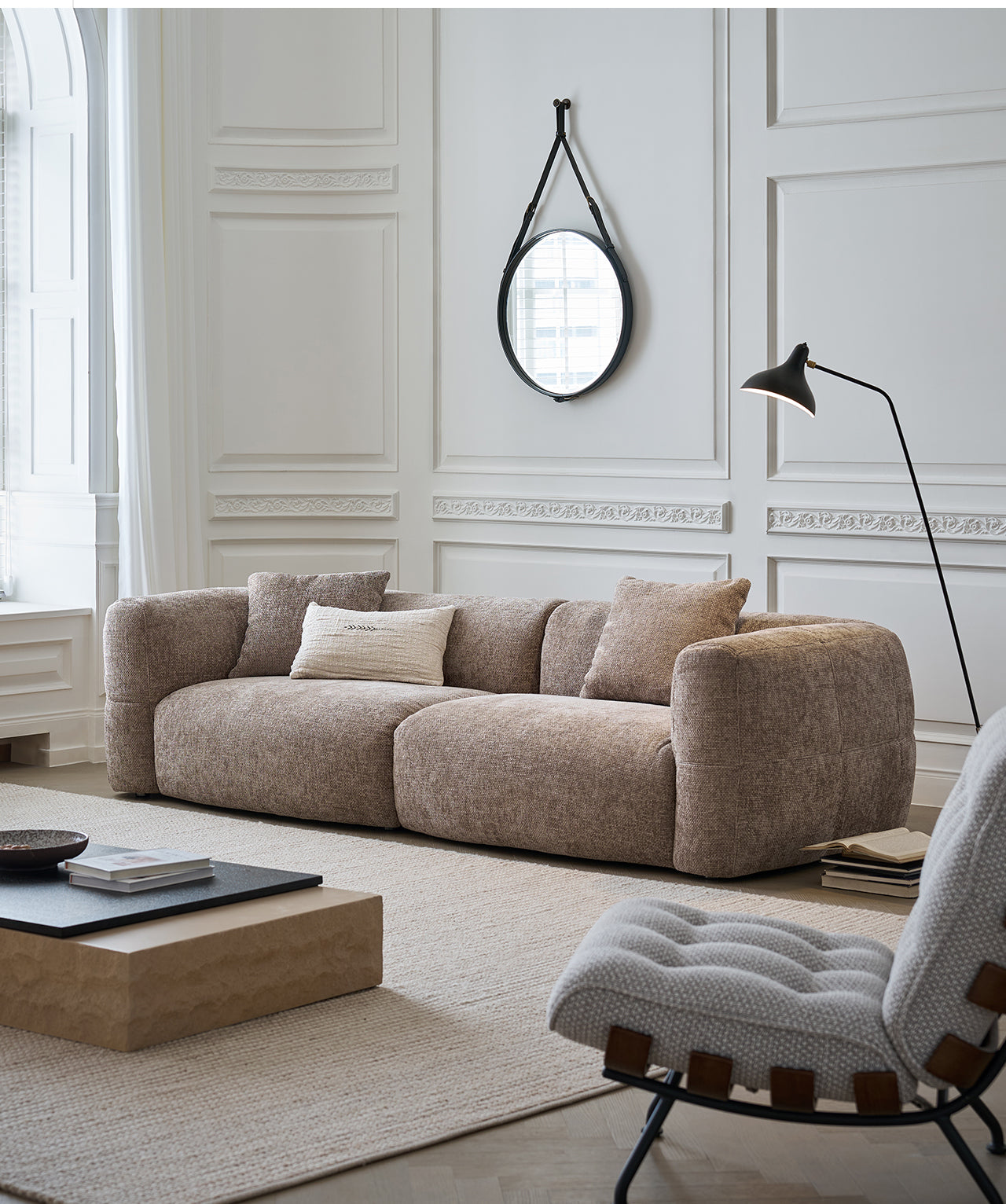 Big white sofa small apartment retro French cream style brown villa large flat fabric sofa