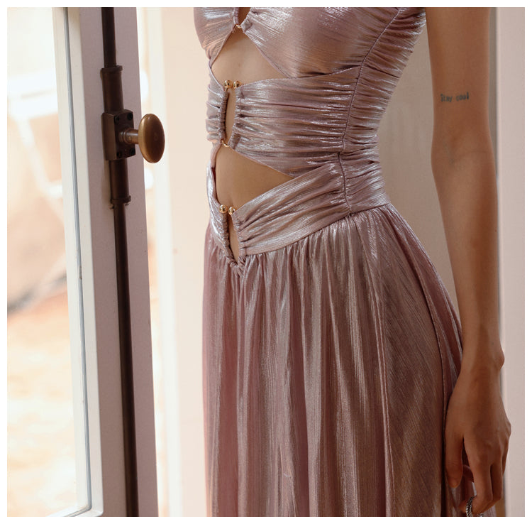 Streaming pink navel-baring tube top dress, hollow birthday skirt, mini dress