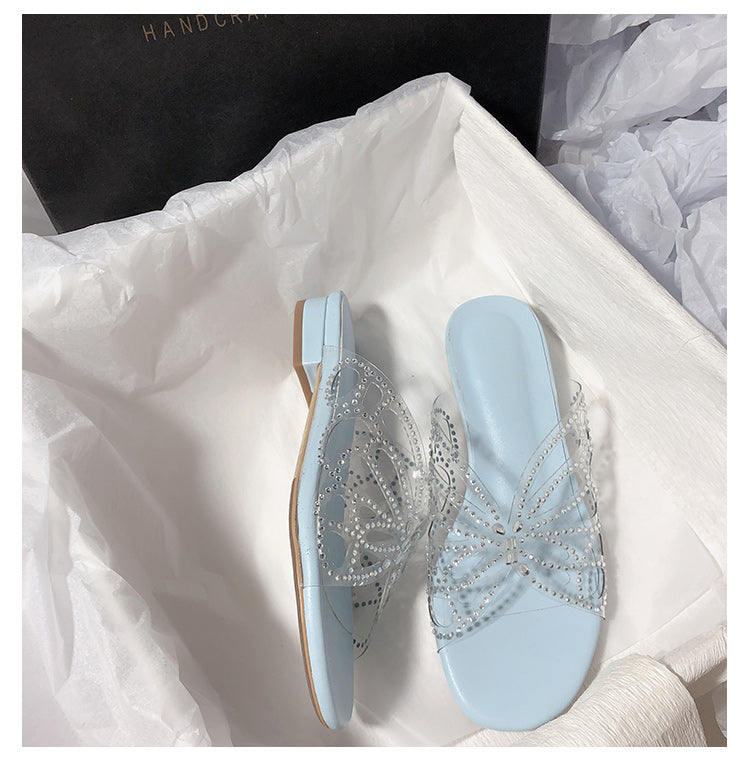 Super Fairy Rhinestone Transparent Butterfly PVC Low Heel Slippers for Women