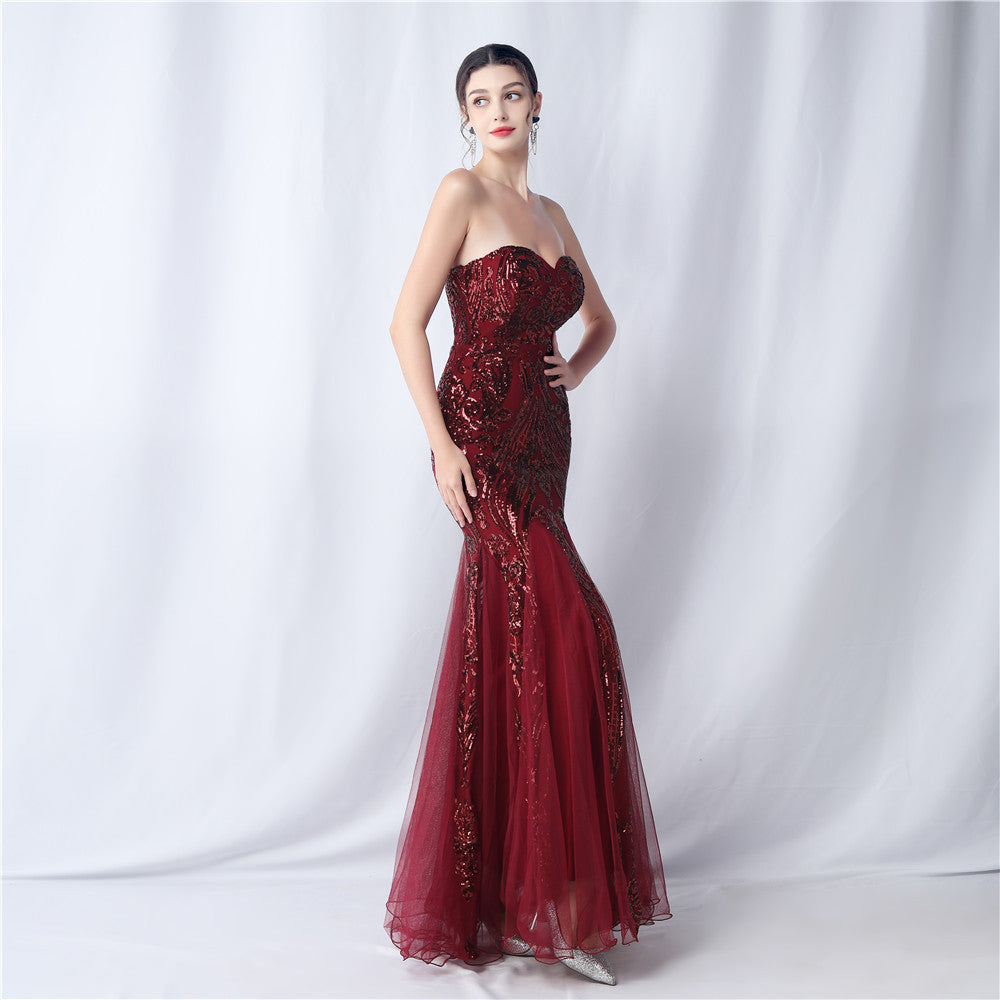 High-end sparkling evening long tube top evening dress
